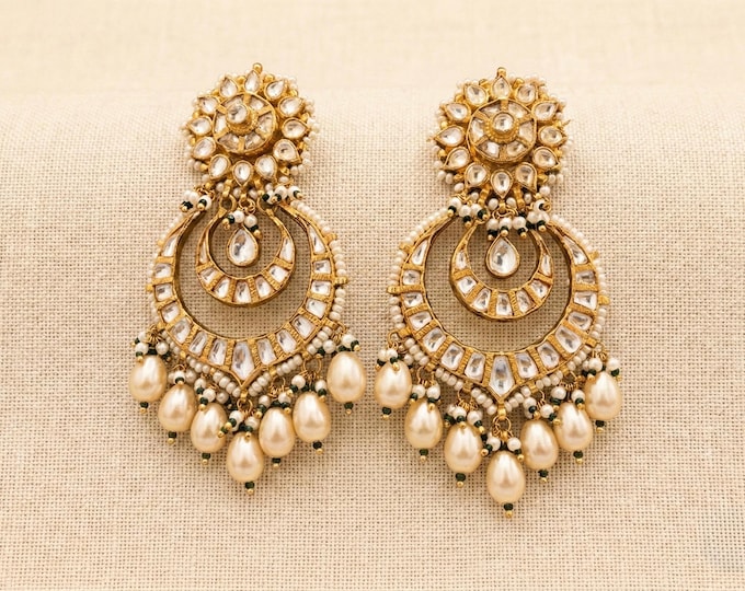 Handmade Kundan Chandbali Earrings, Indian Wedding Jewelry, Gold Plated