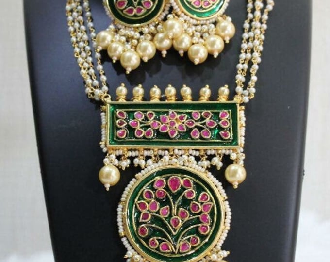 Green Enamel Kundan Necklace Set, Rajwadi Pearl Pendant with minakari work earrings, Indian Jewelry