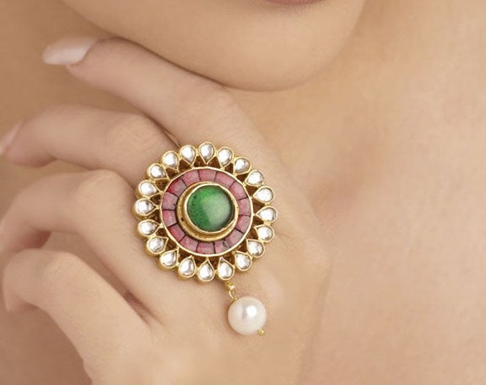 Kundan Bridal Ring, Indian Wedding Jewelry, Adjustable Statement Ring
