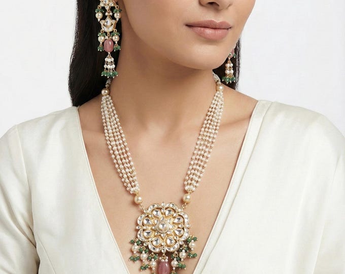 Kundan Jewelry Necklace Earring Set, Gold Plated Indian Wedding Jewelry
