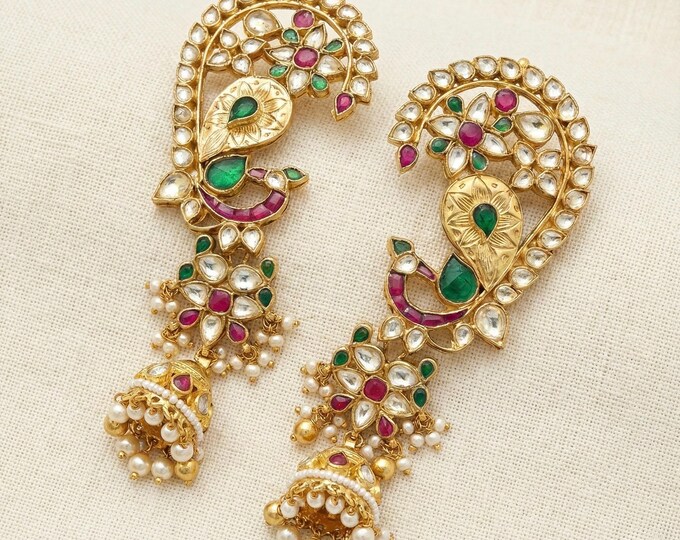 Handmade Kundan Earrings, Ethnic Peacock Jumkhi, Mughal Jewelry