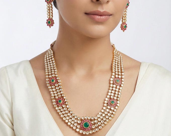 Handmade Kundan Jewelry Set, 22K Gold Plated Indian Wedding Necklace