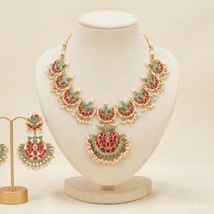Kundan Jewelry Set | Indian Turquoise Necklace | Handmade Chandbali Earrings image 6