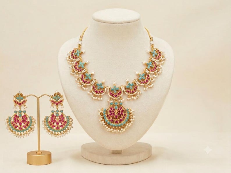 Kundan Jewelry Set | Indian Turquoise Necklace | Handmade Chandbali Earrings image 6