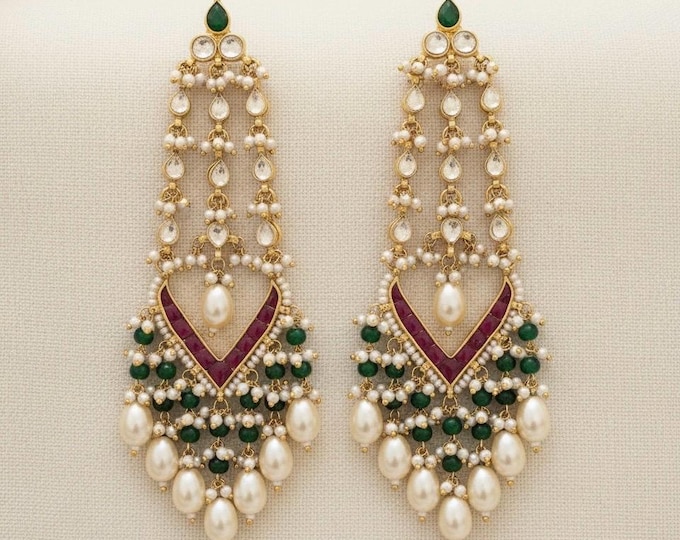 Handmade Kundan Earrings: Gold Plated, Pink & Green Indian Jewelry