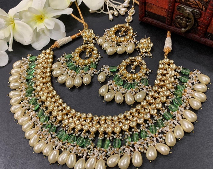 Kundan Choker Jewelry Set, Green and Gold Indian Bridal Necklace
