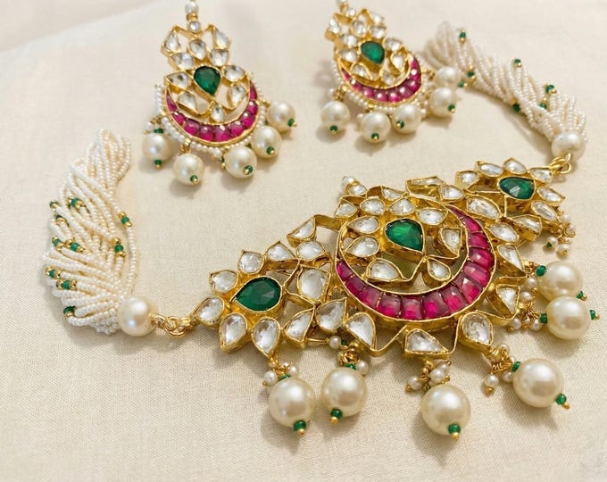 Handmade Kundan Silver Choker Necklace, Chandbali Earrings Set