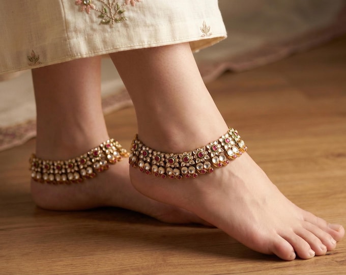 Kundan Bridal Anklets, Indian Gold Plated Jewelry