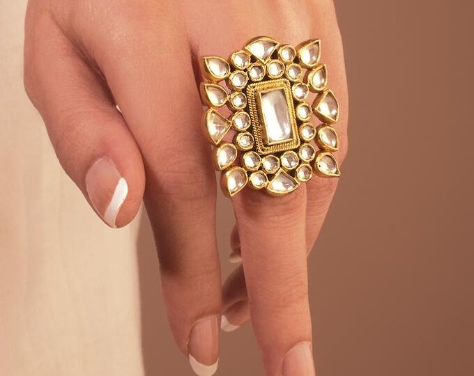 Adjustable Kundan Wedding Ring, Gold Plated Indian Bridal Jewelry