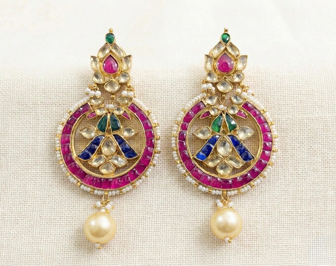 Handmade Kundan Chandbali Earrings, South Indian 22k Gold Plated Jewelry