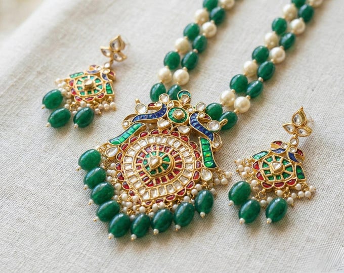 Kundan Jewelry Set | Gold Plated Necklace, Emerald and Pearl Earrings