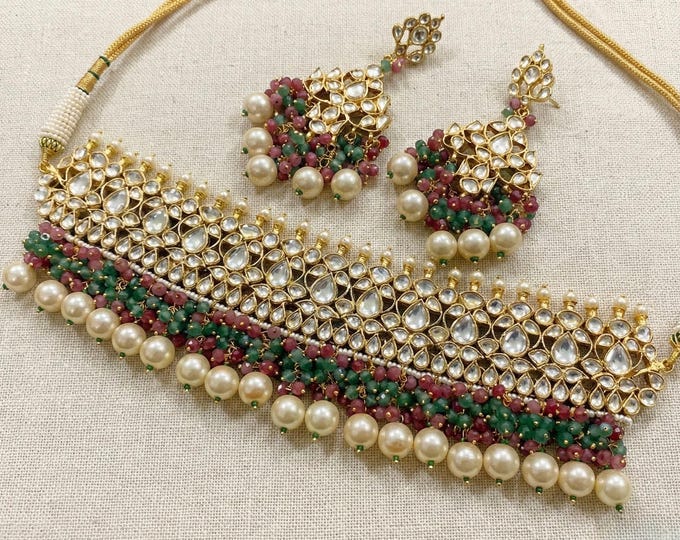 Kundan Choker Necklace Earrings Set, Gold Plated Indian Bridal Jewelry