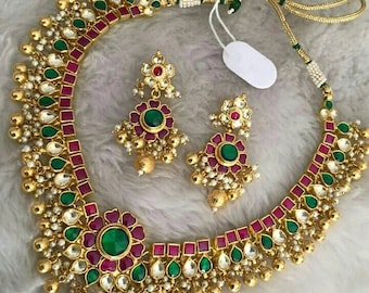 Kundan Jewelry Set | Sabyasachi Inspired Jewelry Set | Gold Plated Bridal Necklace with Earrings  | South Indian Wedding Jewelry