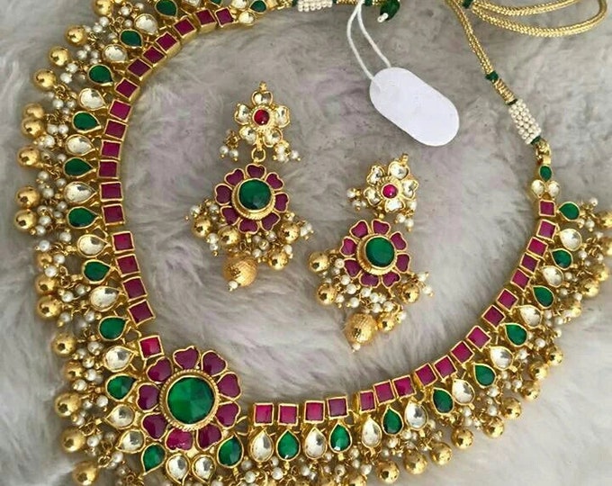 Handmade Kundan Choker Necklace Set | 22K Gold Plated Indian Jewelry