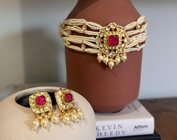 Handmade Kundan Choker Necklace, Pearl Earrings, 22k Gold Plated