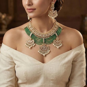 May include: A gold and green Indian bridal necklace set with pearl and emerald accents. The necklace features a layered design with a large, ornate pendant. The earrings are similarly designed with a smaller pendant