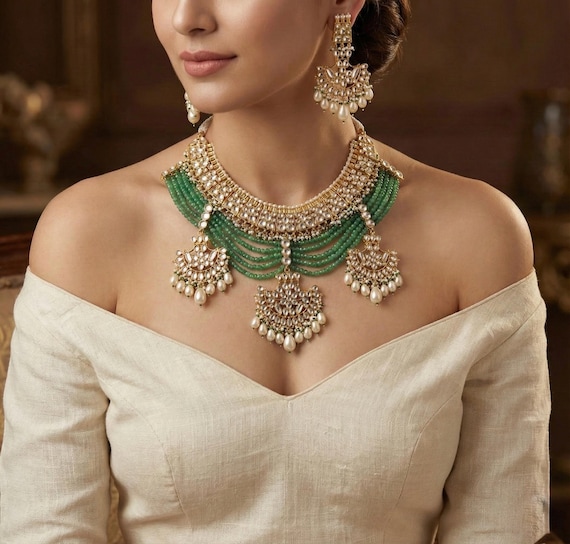 Handmade Kundan Choker Necklace Set, Gold Plated Indian Bridal Jewelry