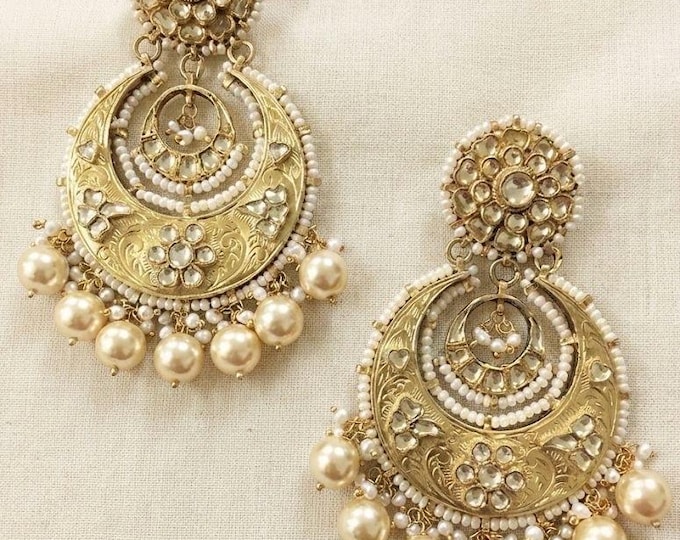 Kundan Chandbali Earrings, Antique Gold Indian Jewelry, Pearl Drops