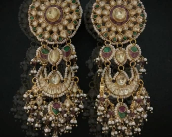 Handmade Kundan Chandbali Earrings, Indian Bridal Jewelry