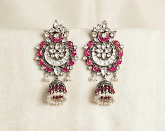 Silver Kundan Chandbali Earrings, Indian Wedding Jewellery