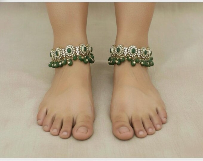 Kundan Anklets, Gold Plated Polki Pajeb Payal, Indian Bridal Jewelry