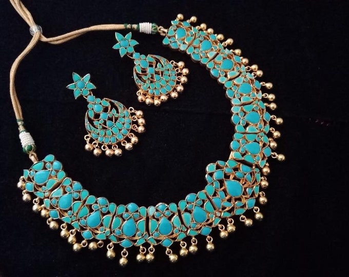 Handmade Kundan Turquoise Choker Necklace Earring Set, Indian 925 Silver Jewelry