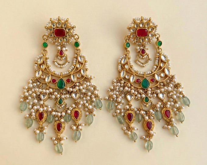 Handmade Kundan Chandbali Earrings, Gold Plated Indian Wedding Jewelry
