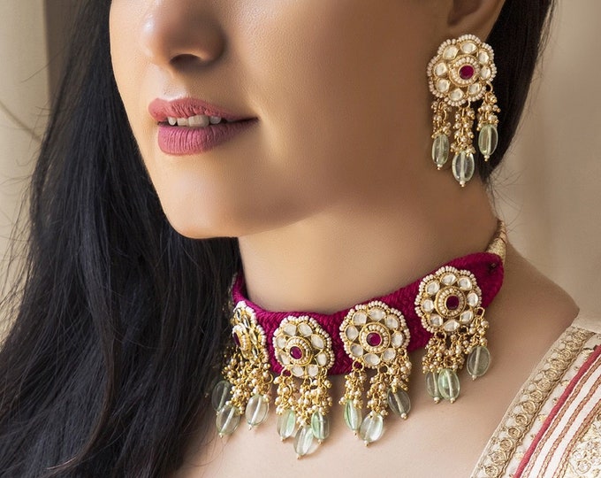 Kundan Choker Necklace Set, Pink & Green, Bollywood Bridal Jewelry