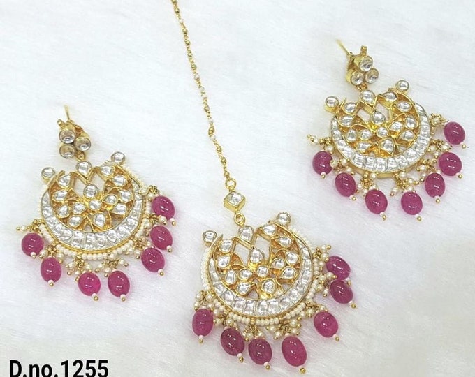 Handmade Kundan Chandbali Earrings with Maangtika: Indian Bridal Jewelry Set