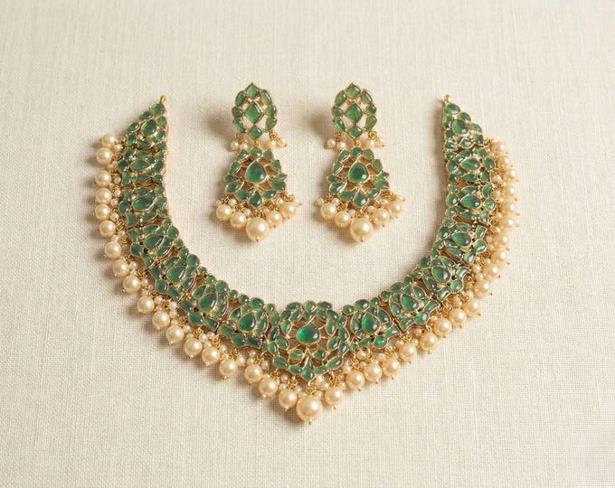 Handmade Kundan Choker Necklace Earrings, 22K Gold Plated, Indian Bridal Jewelry