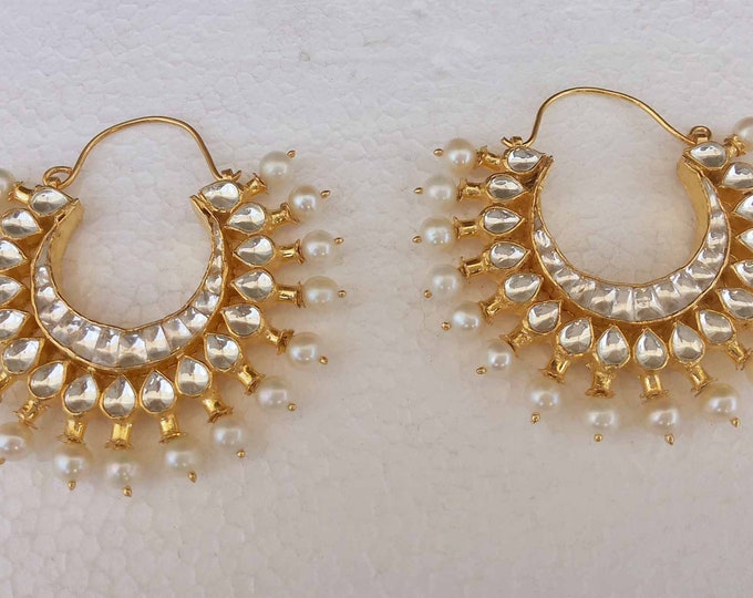 Handmade Kundan Chandbali Earrings, Gold Finish, Indian Jewelry