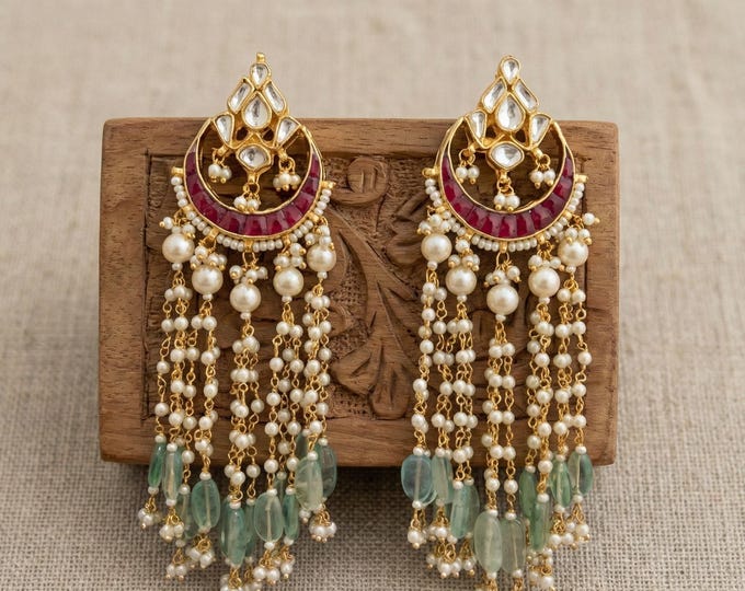Handmade Kundan Chandbali Earrings, Gold Plated Pearl Hangings