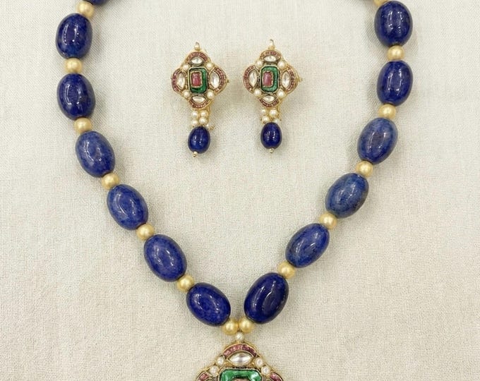 Handmade Kundan Necklace | 22k Gold Plated, Sterling Silver, Blue Beads