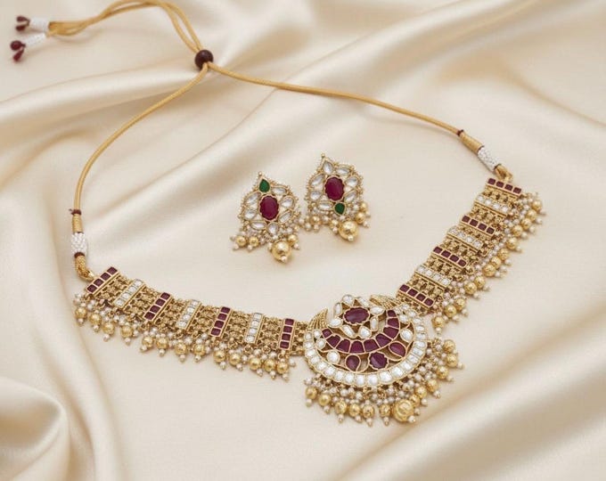 Handmade Kundan Choker Necklace Earrings Set, Indian Bridal Jewelry