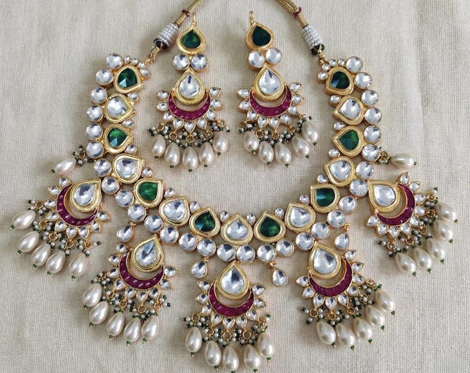 Handmade Kundan Jewelry Necklace & Earrings Set - Bollywood Bridal Design