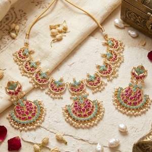 Kundan Jewelry Set | Indian Turquoise Necklace | Handmade Chandbali Earrings image 9
