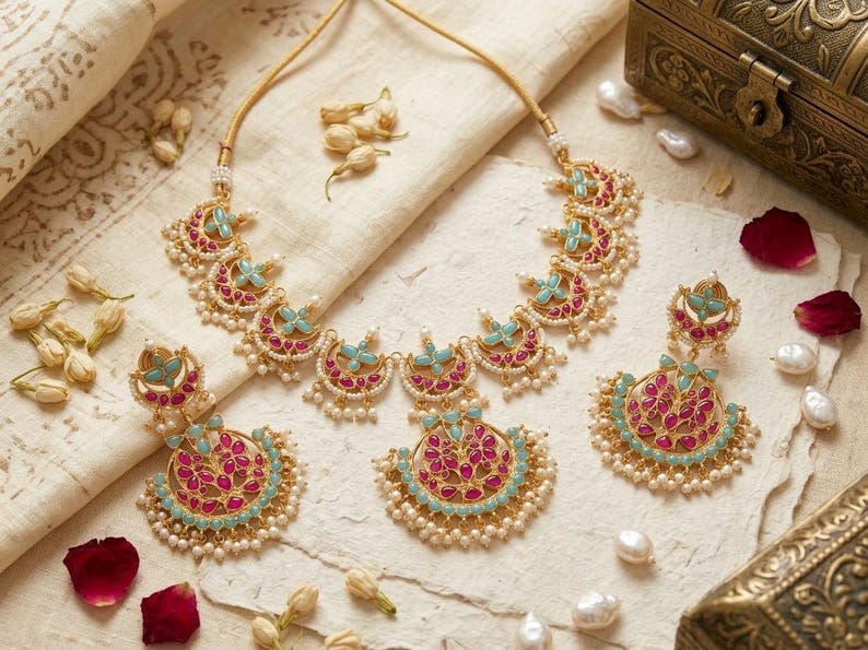 Kundan Jewelry Set | Indian Turquoise Necklace | Handmade Chandbali Earrings image 9