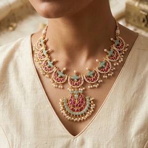 Kundan Jewelry Set | Indian Turquoise Necklace | Handmade Chandbali Earrings image 1