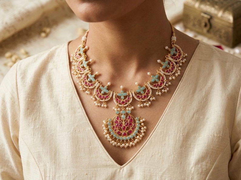 Kundan Jewelry Set | Indian Turquoise Necklace | Handmade Chandbali Earrings image 1