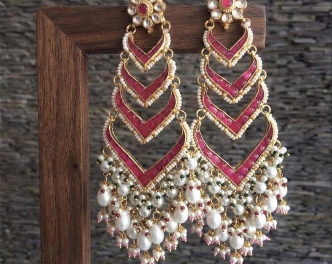 Kundan Earrings, Gold Plated Pink Gem,Chand bali, Indian Ethnic Kundan Jewelry