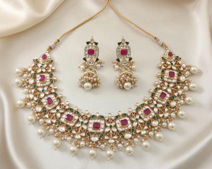 Handmade Kundan Choker Necklace Set, 22K Gold Plated Indian Bridal Jewelry