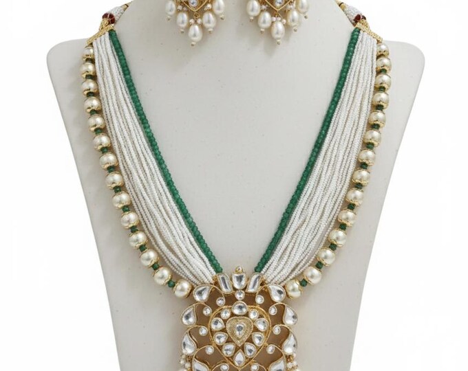 Handmade Kundan Jewelry Necklace & Earrings, Pearl String, Indian Wedding