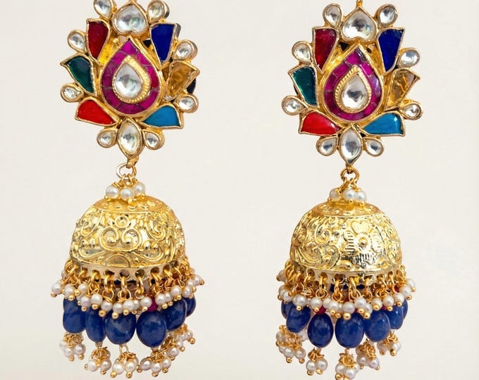 Kundan Jumkhi Earrings | Navratna, Antique Gold Finish | Multicoloured Kundan Jewelry