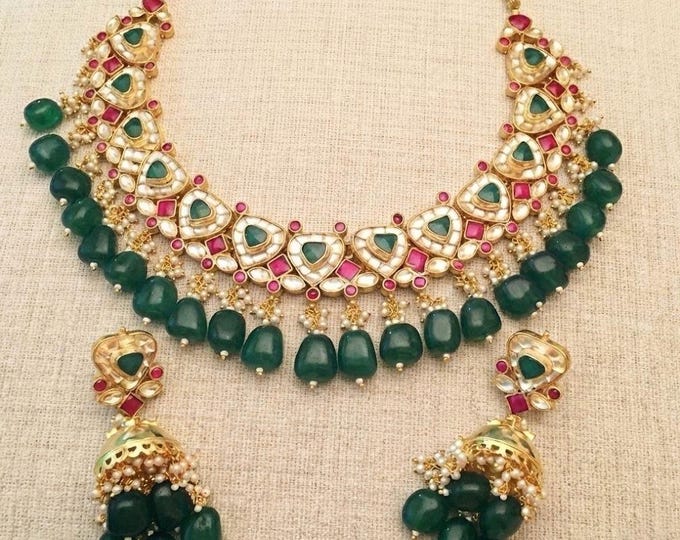 Handmade Gold Plated Kundan Choker, Indian Bridal Jewelry Set