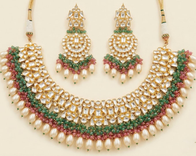 Kundan Choker Necklace Earrings Set, 22k Gold Plated Indian Bridal Jewelry