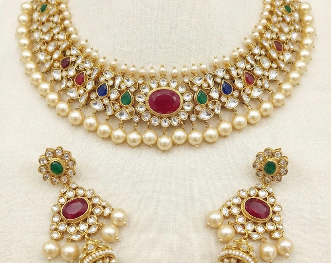 Handmade Kundan Choker Necklace, Indian Wedding Jewelry with Earrings
