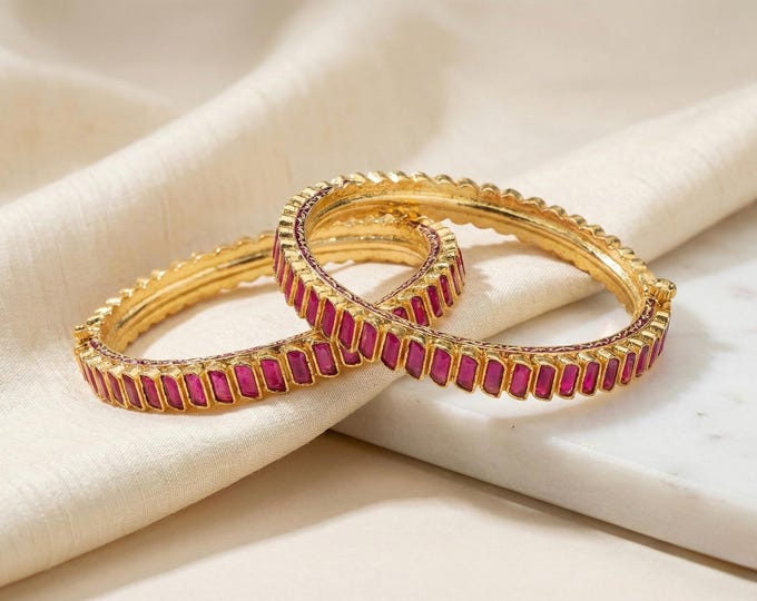Handmade Kundan Bangles, Gold Plated Indian Bracelets, Pink Stone Jewelry