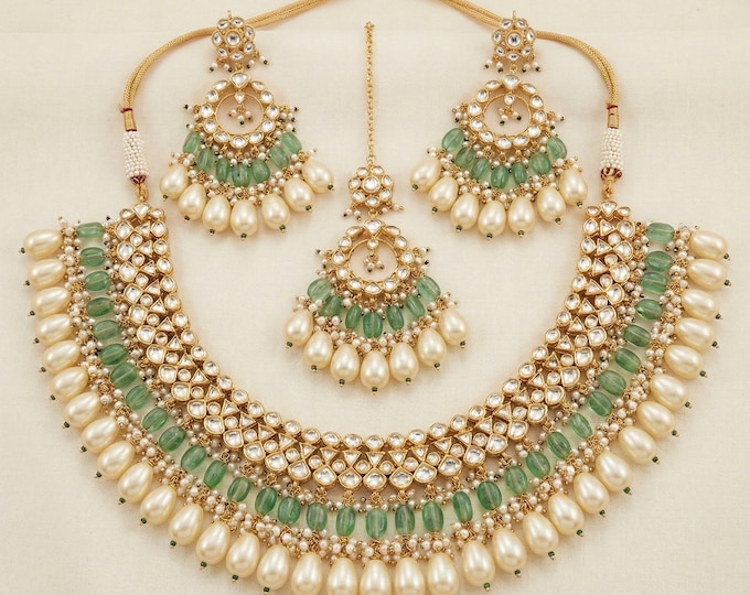 Kundan Choker Jewelry Set, Green and Gold Indian Bridal Necklace