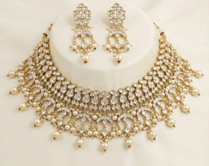 Handmade Kundan Choker Necklace with Earrings, Indian Bridal Jewelry