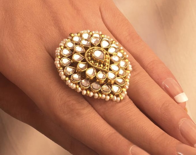 Kundan Wedding Ring, Antique Gold Plated Indian Bridal Jewelry